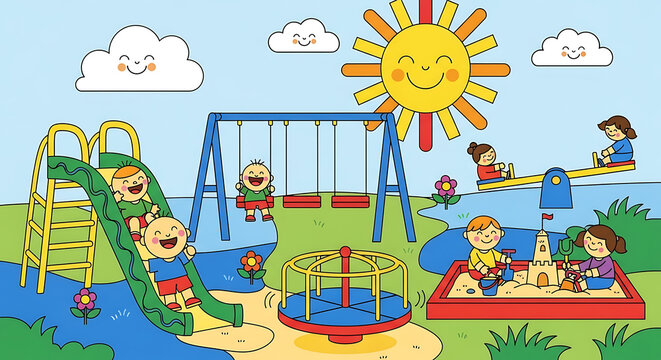 A cheerful cartoon illustration of children playing happily on various equipment in a vibrant outdoor playground under a smiling sun.