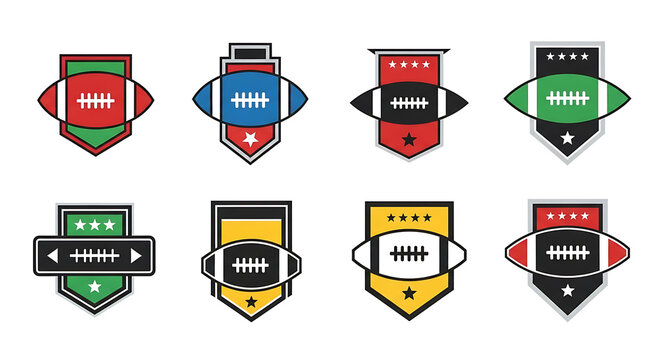 A collection of eight colorful vector football badges and emblems, featuring American footballs on shield shapes with stars, ideal for sports branding.