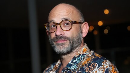 Man with glasses in floral shirt smiling at an evening event with soft lighting and blurred background decorations