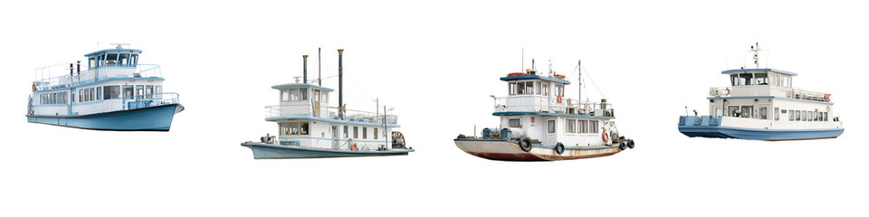 Obraz premium Vintage Marine Vessels: Collection of Diverse Historic Steamboats and Motorboats Isolated on White Background, Showcasing Nautical Transport and
