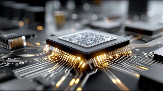 A computer chip is lit up with a yellow glow. The chip is surrounded by wires and other electronic components. Concept of technology and innovation, as well as the complexity of modern computing