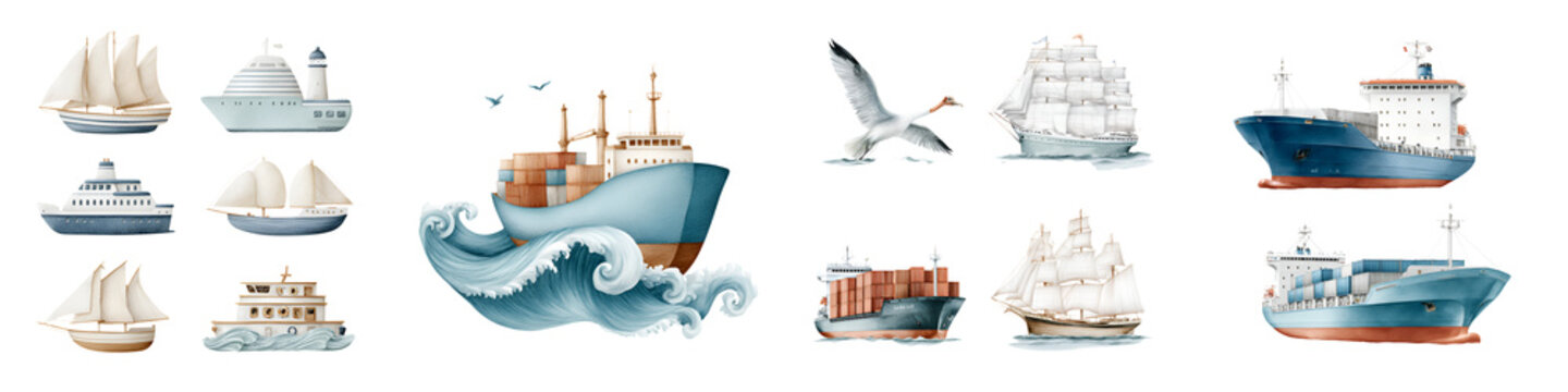 Watercolor Nautical Collection: Ships, Boats & Seagulls Illustration Set