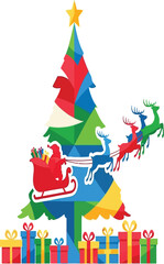 Colorful christmas tree with santa claus in a sleigh pulled by reindeer isolated on white background