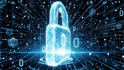 A glowing blue digital padlock symbolizing cybersecurity and data protection in a futuristic network environment. - Powered by Adobe