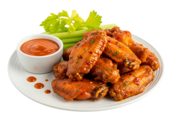 Delicious buffalo chicken wings with dipping sauce and celery sticks isolated on transparent background