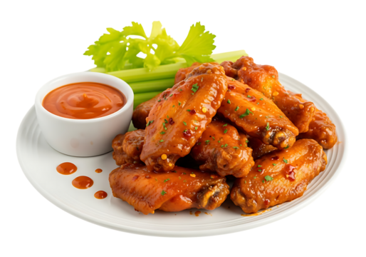 Delicious buffalo chicken wings with dipping sauce and celery sticks isolated on transparent background