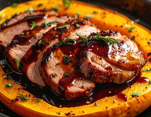 Roasted Pork Tenderloin with Butternut Squash and Balsamic Glaze.