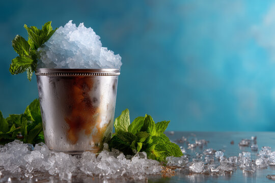 Refreshing mint julep in silver cup with crushed ice, perfect for summer cocktail promotions or a cool, vibrant drink menu design