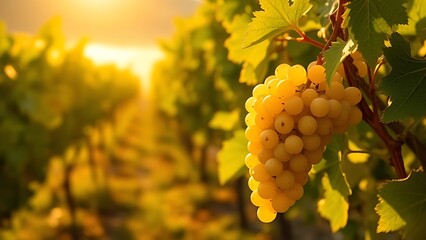 torrontes. Sunlight through morning mist on a cluster of white grapes in a vineyard. bar promotions, beverage menus, designed for food & beverage menus and cafe branding, enhances appetite appeal.