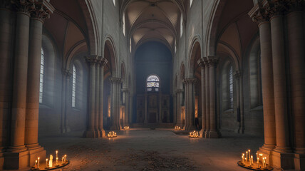 Ancient stone church interior, glowing candles, spiritual atmosphere