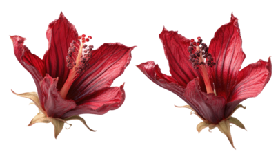Two detailed, dark red hibiscus flowers with prominent stamens