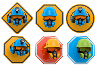 Safety helmets with goggles and respirators, shown on warning signs on white background with clipping path, industrial safety