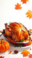Roasted Thanksgiving Turkey with Autumn Leaves and Pumpkin Decoration.