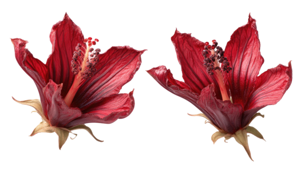 Two detailed, dark red hibiscus flowers with prominent stamens