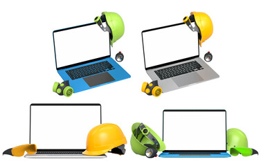 Laptops with blank screens surrounded by construction helmets, respirators and earmuffs on white background with clipping path
