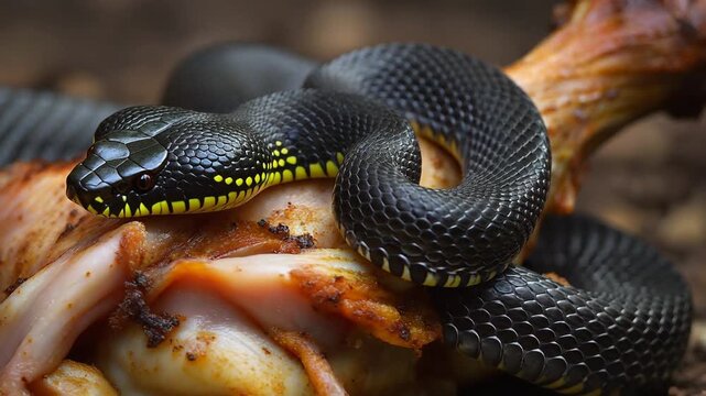 Close-up of a venomous black viper with striking yellow markings, coiled around its food in a dramatic wildlife encounter