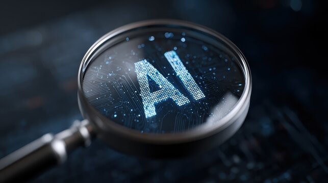 Exploring artificial intelligence through a magnifying glass showcasing digital circuitry and glowing letters