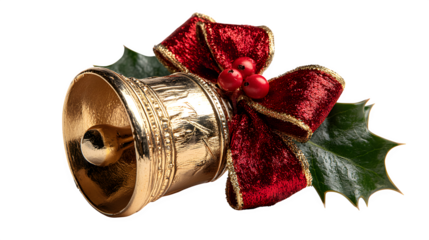 Golden Christmas bell wrapped with red velvet ribbon and holly leaves, shining metallic texture, isolated on white background