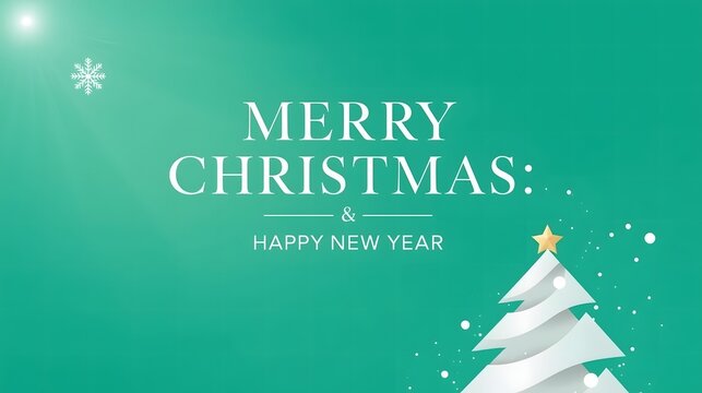 Elegant Merry Christmas and Happy New Year Greeting Card with Snowflake, Bright Light, and Stylized Christmas Tree on Teal Background - Powered by Adobe