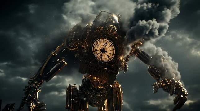 Gigante mec&aacute;nico estilo steampunk con torso-reloj iluminado y humo saliendo de su estructura, avanzando bajo un cielo tormentoso. Escena oscura, dram&aacute;tica y fant&aacute;stica.