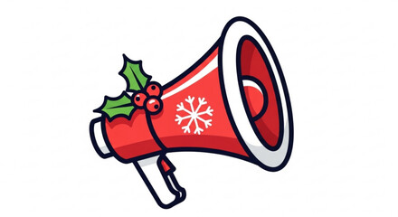 Festive holiday announcement with a red megaphone decorated with holly and a snowflake, isolated on