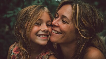 Smiling mother and daughter capture joy in outdoor setting with lush greenery, showcasing love and happiness during summer afternoon