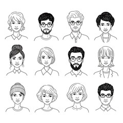 Collection of diverse handdrawn portraits of people isolated on white background