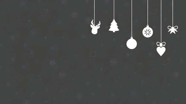 Elegant Minimalist White Christmas Ornaments Hanging on Dark Grey Festive Background with Subtle Snowflake Pattern