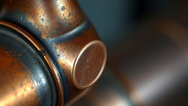 brazed. Close-up of a copper pipe joint with a shiny brazed seam and oxidation. safety posters, maintenance manuals, designed for industrial assembly lines and welding operations, used by engineers.