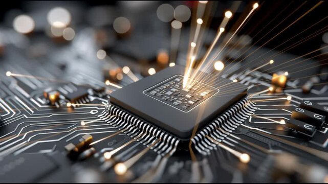 A computer chip is shown with a bright light coming out of it. Concept of technology and innovation, as well as the potential for new discoveries and advancements in the field of computing
