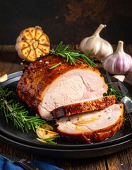 Roasted Turkey Breast with Garlic and Rosemary on a Rustic Wooden Table.