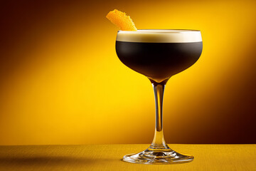 Elegant espresso martini cocktail with orange twist, perfect for upscale bars, restaurants, and stylish lifestyle promotions with vibrant golden backdrop