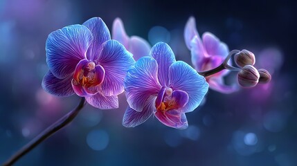 Glowing purple pink and blue orchid flower macro close up with neon lighting vibrant tropical blossom on dark background abstract floral nature photography