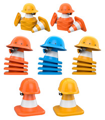 Stack of construction helmets and traffic cones isolated white background with clipping path, representing safety equipment