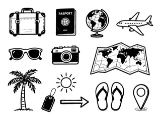Hand Drawn Travel Doodle Set with Luggage, Airplane, Map, Camera, Passport, Pin, Sunglasses &ndash; Black and White &ndash; Transparent Background
