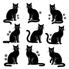 Collection of black cats with paw prints isolated on white background