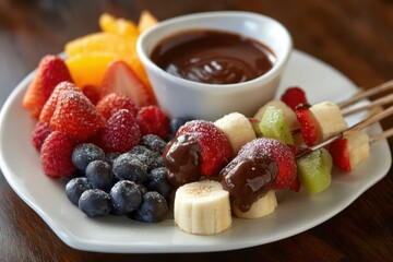 Chocolate Fondue With Mixed Fruits Including Strawberries Blueberries And Bananas raspberries
