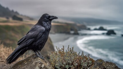 Obraz premium Dark raven perched on rocky cliff by the ocean, overlooking waves and coastline on a cloudy day
