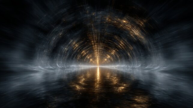 Golden light shining into dark tunnel abstract glowing rays illuminating mysterious passage surreal digital art background for mystical wall art