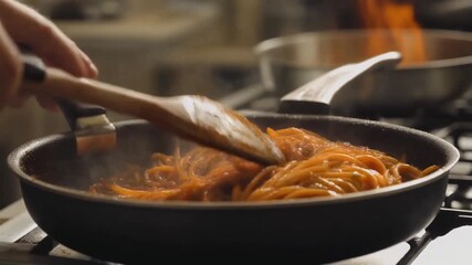 A chef's hand expertly tosses freshly cooked spaghetti in a vibrant, rich tomato sauce within a hot pan, preparing a delectable Italian meal in a dynamic kitchen environment - Powered by Adobe