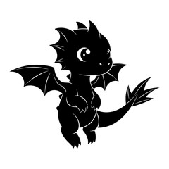 Cute black baby dragon silhouette with wings and tail