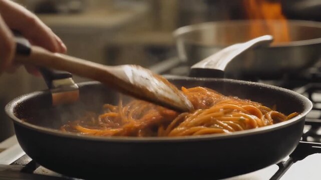 A chef's hand expertly tosses freshly cooked spaghetti in a vibrant, rich tomato sauce within a hot pan, preparing a delectable Italian meal in a dynamic kitchen environment