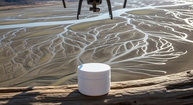 ドローンが飛翔し、化粧品容器が木の上に置かれ、美しい川のデルタが広がります。