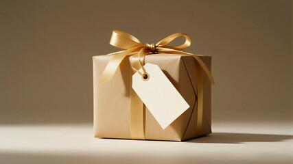 A clean sharp studio shot of a small elegant blank gift box tied with a gold ribbon isolated on a warm neutral background