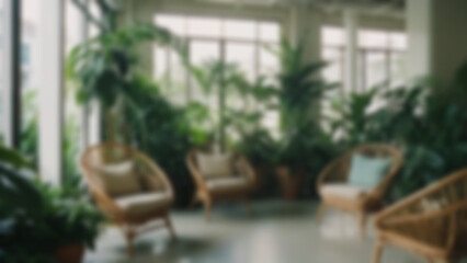 Fototapeta premium Blurred image of a modern office interior with a green nature theme, bright light during the day.