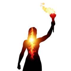 Stunning silhouette of determined woman holding flaming torch embodying inner strength and passionate leadership against dark background