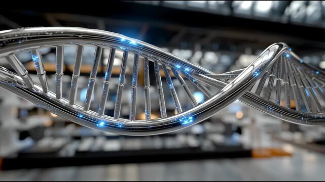 A silver DNA strand with blue lights shining on it. Concept of scientific discovery and innovation