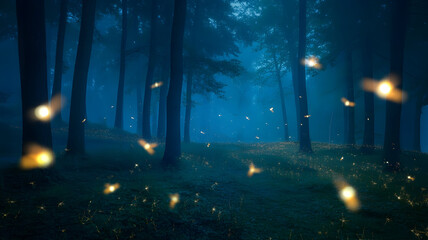 Fireflies glowing in a mystical dark forest illustration with soft blue fog and magical ambiance