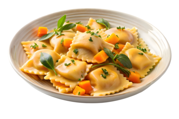 Delicious pumpkin ravioli dish with fresh herbs and cubed squash