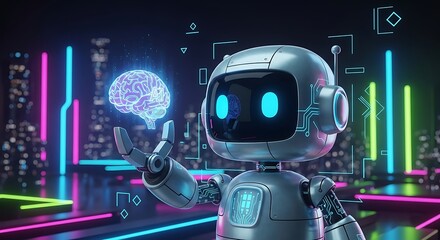 A cute cartoon robot holding a glowing AI brain with colorful neon lights and a futuristic background.